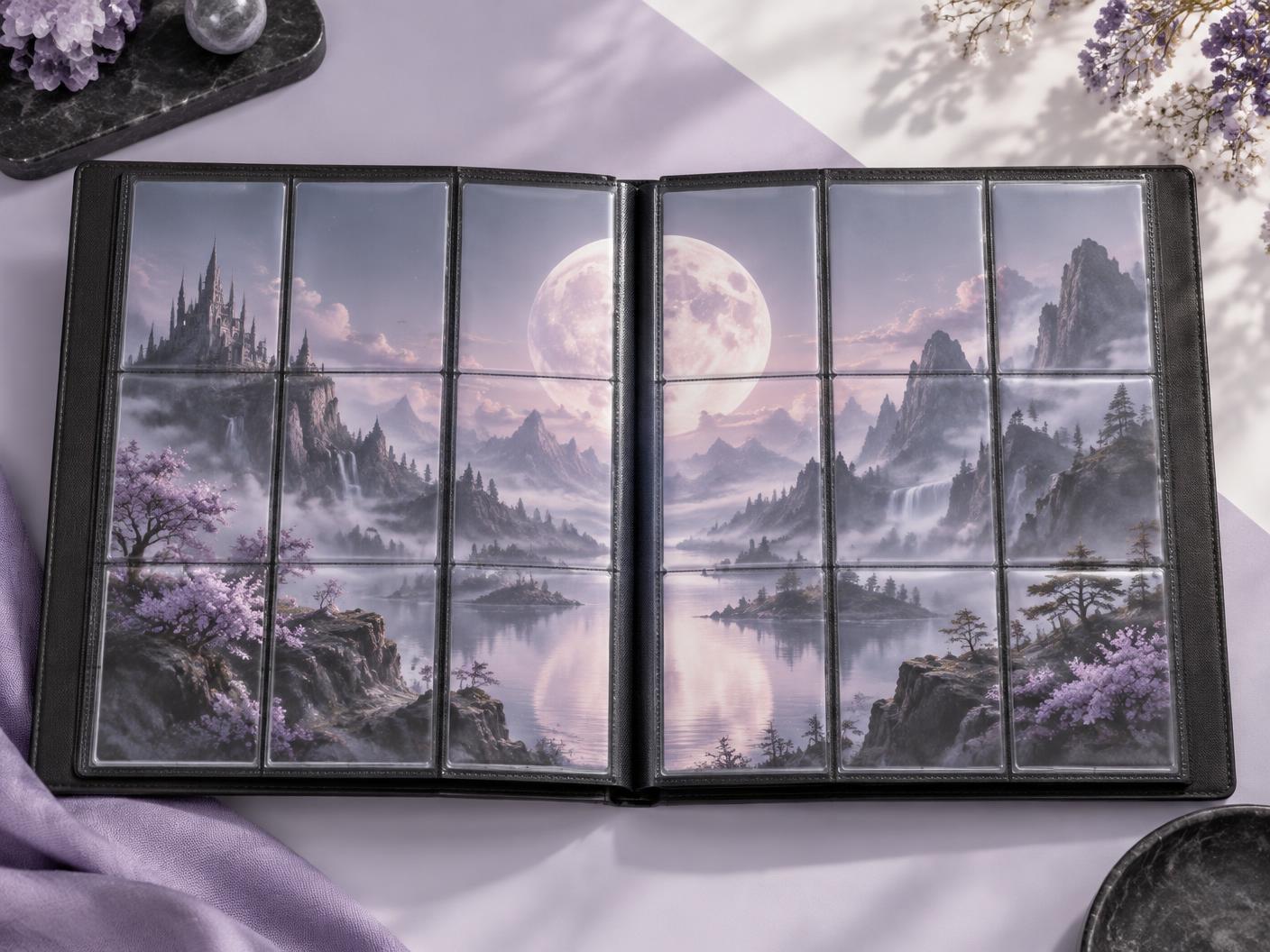 Open binder with continuous artwork across its pockets